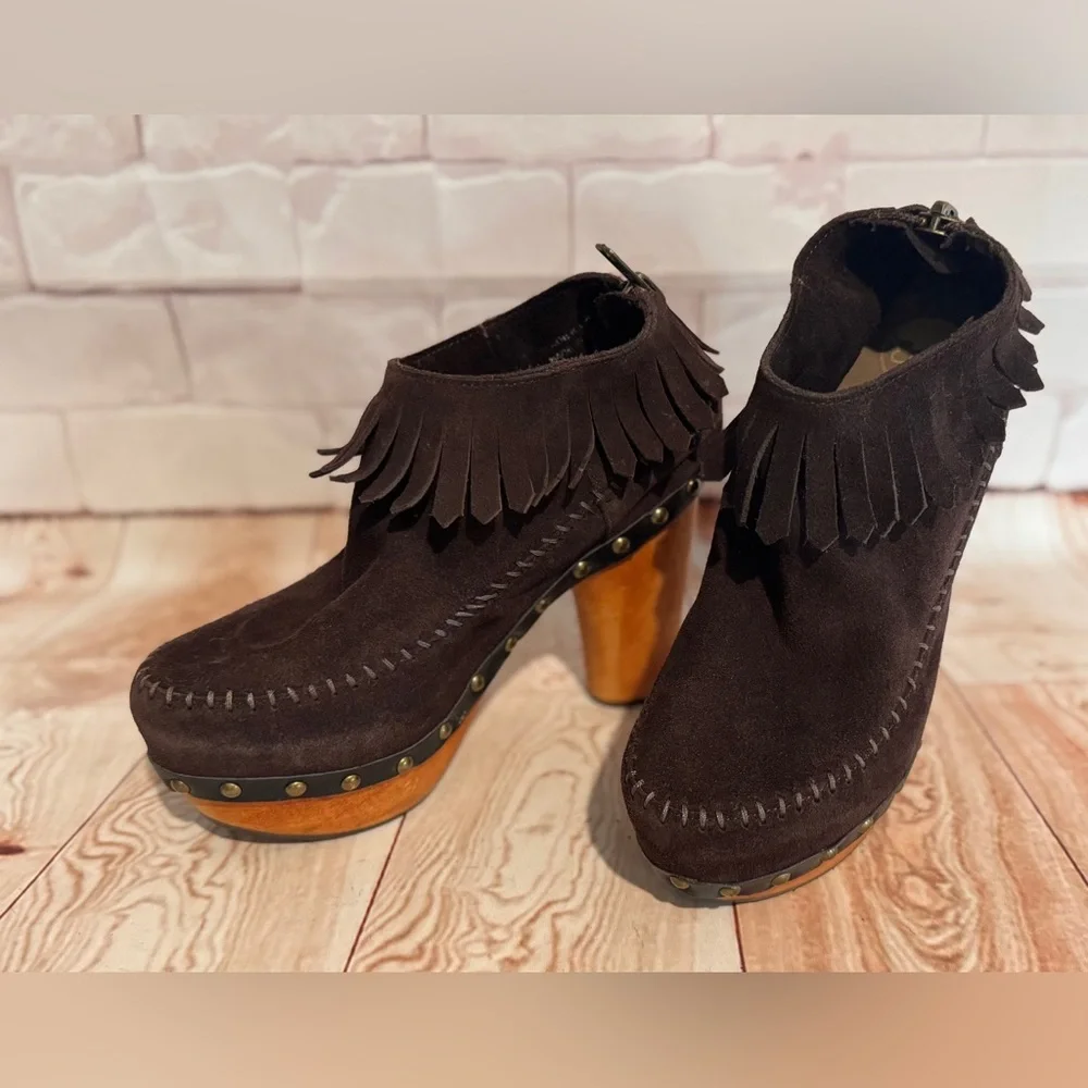 FLOGG‎ Davina Suede Fringe Platform Clog Heels Boho Western Size 7
